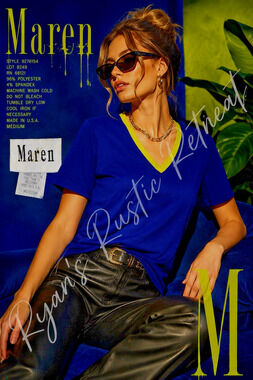 Maren Blue V-Neck Top Women’s Medium Green Trim USA Made Stretch Shirt DK